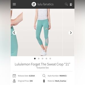 Lululemon Forget the Sweat Crop 21” Turquoise Sea
